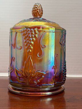 Vintage Indiana Glass Harvest Grape Marigold 7" Carnival Glass Canister